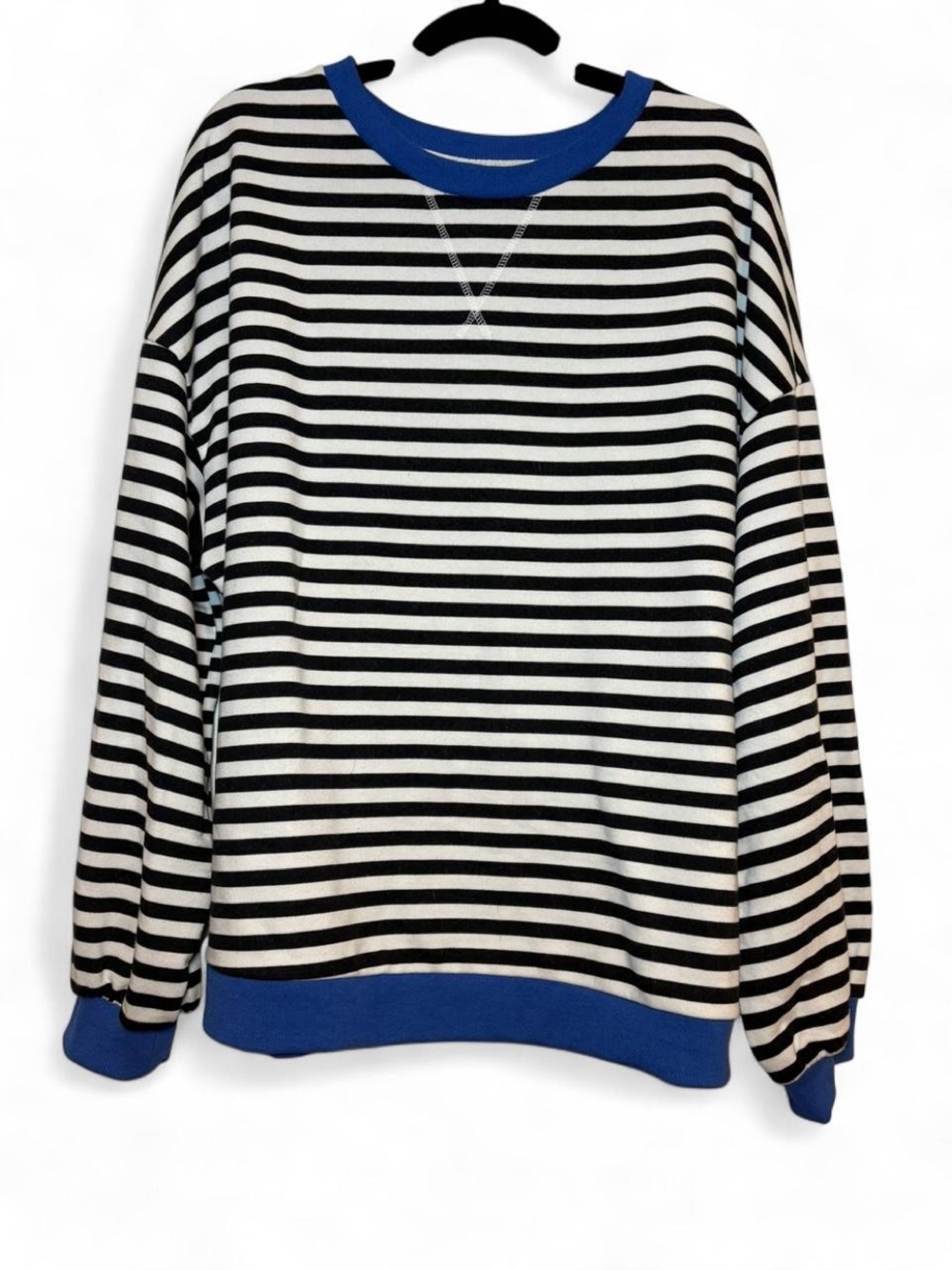 Free People Dupe Black/White Striped Oversized Crewneck + Blue Trim